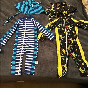Blue Striped Kids One-Piece Swimsuit with Matching Hat